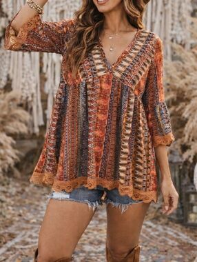 SHEIN Orange Boho Multi Print V-Neck Tunic Top Flowy Festival Peasant Blouse